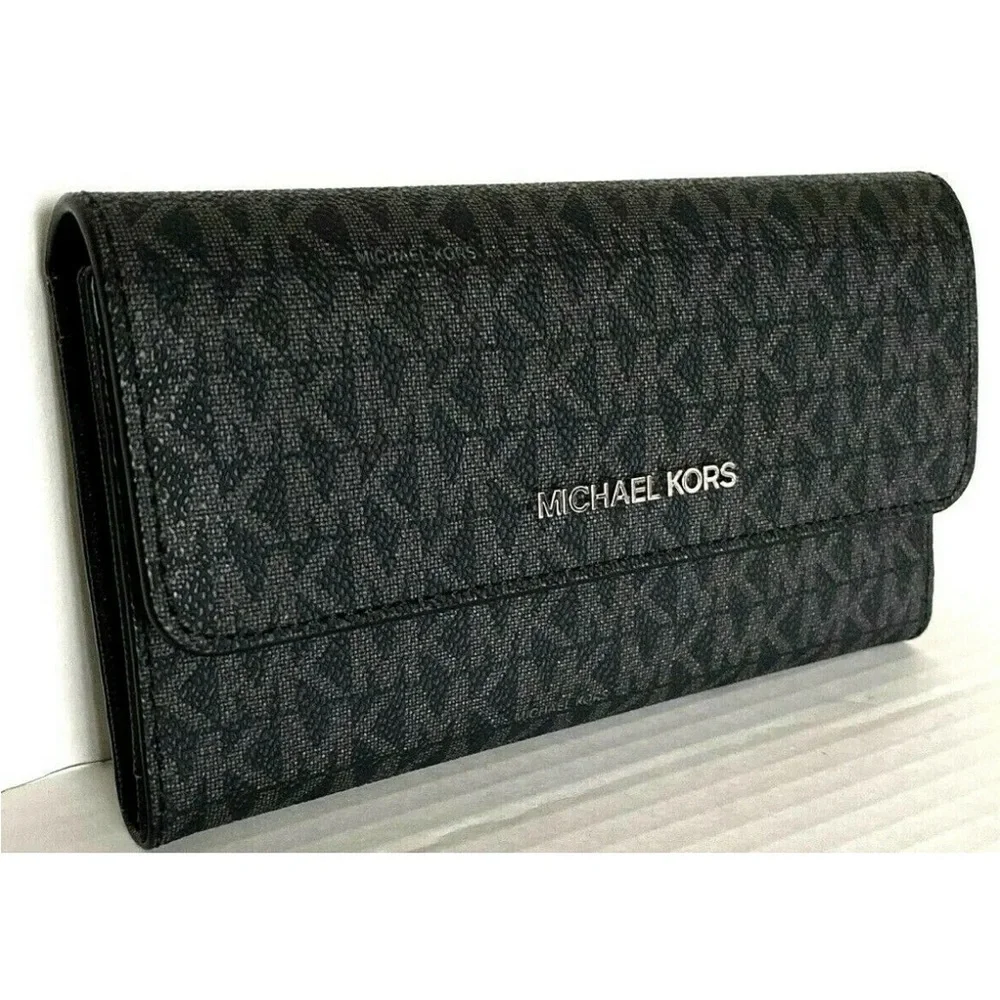 New Michael Kors Jet Set Travel Large Trifold wallet PVC Black with Silver - Picture 2 of 4